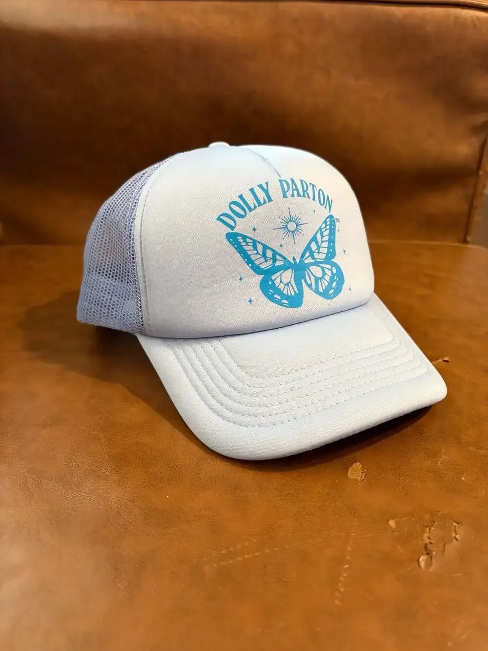 Dolly Parton Sky Blue Butterfly Graphic Mesh Trucker Hat